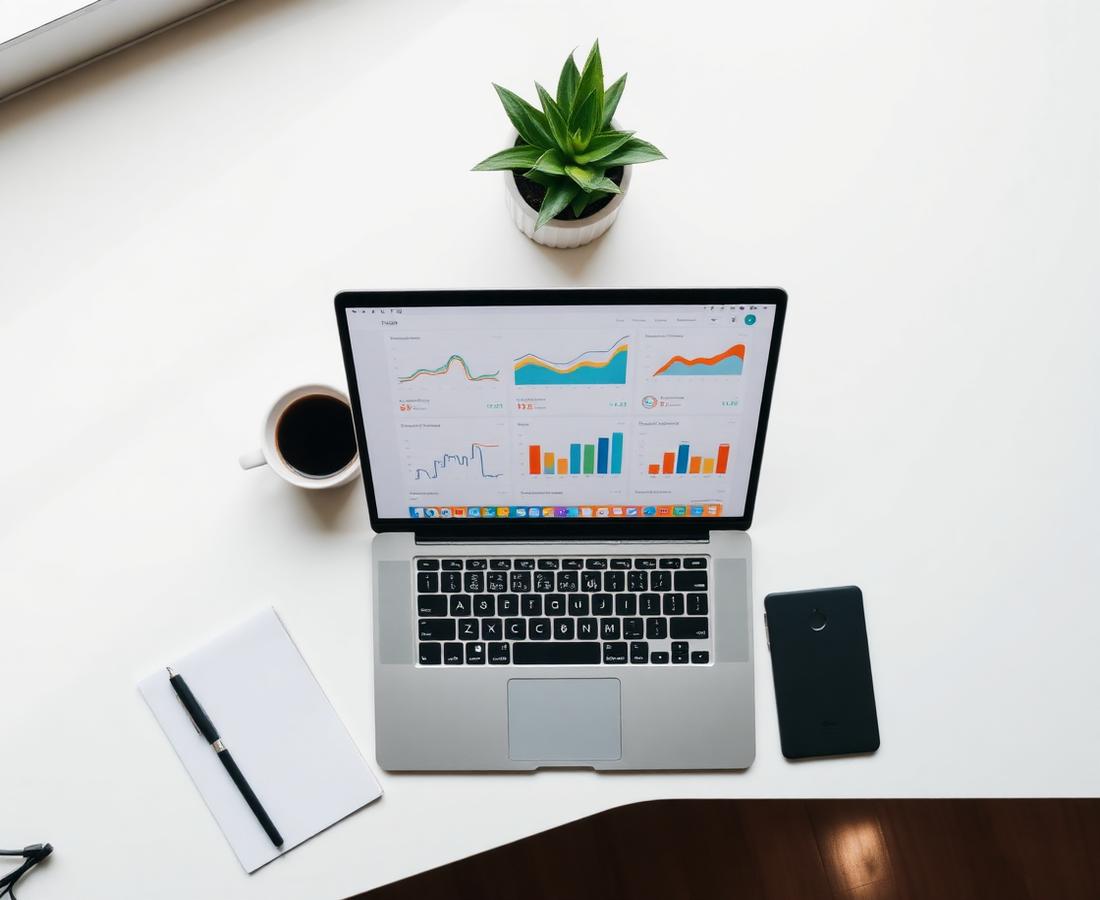 Laptop workspace showing marketing analytics dashboards on a clean desk